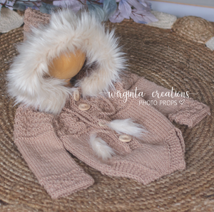 Dark Beige knitted hooded romper for 6-12 months old. Children photography prop, outfit