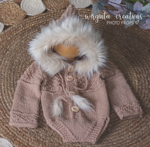 Load image into Gallery viewer, Dark Beige knitted hooded romper for 6-12 months old. Children photography prop, outfit