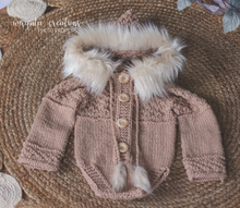 Load image into Gallery viewer, Dark Beige knitted hooded romper for 6-12 months old. Children photography prop, outfit