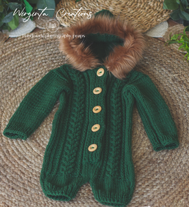 Green Knitted Hooded Romper for 9-18 months old. "Eskimo Style". Children photography prop, outfit
