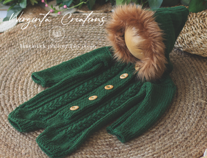 Green Knitted Hooded Romper for 9-18 months old. "Eskimo Style". Children photography prop, outfit
