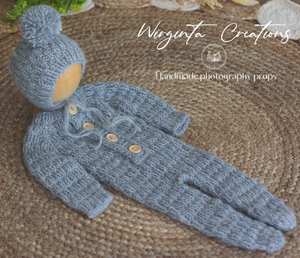 Handmade Grey Knitted Newborn Outfit with Matching Bonnet - Soft Yarn Photography Prop Only
