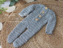 Load image into Gallery viewer, Handmade Grey Knitted Newborn Outfit with Matching Bonnet - Soft Yarn Photography Prop Only