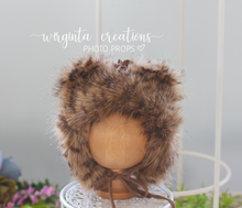 Load image into Gallery viewer, Tattered style teddy bear bonnet for 6-12 months old. Brown. Ready to send photo props