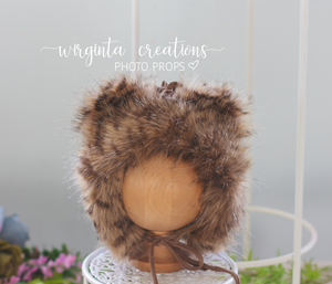 Tattered style teddy bear bonnet for 6-12 months old. Brown. Ready to send photo props