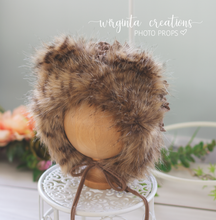 Load image into Gallery viewer, Tattered style teddy bear bonnet for 6-12 months old. Brown. Ready to send photo props