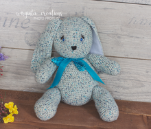 Load image into Gallery viewer, Knitted bunny toy. Handmade. Grey blue. Knitted. Posing toy. Sitter. Ready to send