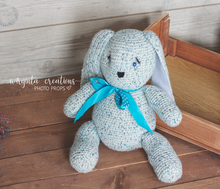 Load image into Gallery viewer, Knitted bunny toy. Handmade. Grey blue. Knitted. Posing toy. Sitter. Ready to send