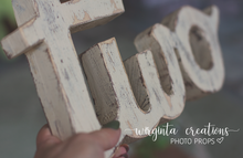 Load image into Gallery viewer, Handmade wooden letters TWO. Curved letters. Ivory distressed. Free-standing. Photography. Home Décor. Cake Smash. Ready to send