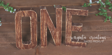 Load image into Gallery viewer, Wooden distressed letters ONE. Cake Smash. Photography prop. Free-standing letters. Wooden decoration. Brown. Height 20 cm.Ready to send
