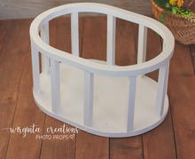 Load image into Gallery viewer, Wooden oval crib. Photography Prop, Sitter, Toddler, Posing prop, Sturdy, White, Handcrafted, Wooden Studio prop. Made-to-order