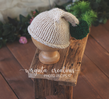 Load image into Gallery viewer, Handmade knitted bonnet for 6-12 months old. Pom pom hat for sitter. Beige. Ready to send
