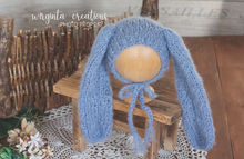 Load image into Gallery viewer, Alpaca wool bunny bonnet for sitter. 6-12 months old. Knitted. Light blue. Long ears. Easter. Ready to send