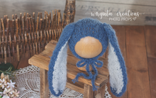 Load image into Gallery viewer, Alpaca wool bunny bonnet for sitter. 6-12 months old. Knitted. Dark blue. Long ears. Easter. Ready to send