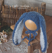 Load image into Gallery viewer, Alpaca wool bunny bonnet for sitter. 6-12 months old. Knitted. Dark blue. Long ears. Easter. Ready to send