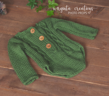 Load image into Gallery viewer, Bunny outfit for 6-12 months old. Bonnet and matching romper, Floppy ears, Green. Knitted outfit. Photography props. Ready to send