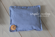 Load image into Gallery viewer, Posing pillow for a newborn. Baby Photo Props. Checked fabric. White and blue. Decorated with wooden button. Ready to send