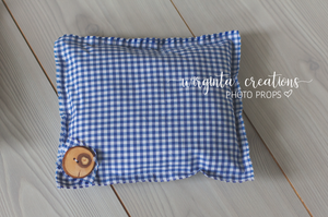 Posing pillow for a newborn. Baby Photo Props. Checked fabric. White and blue. Decorated with wooden button. Ready to send