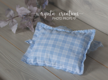 Load image into Gallery viewer, Posing pillow for a newborn. Baby Photo Props. Checked fabric. White and light blue. Decorated with wooden button. Ready to send