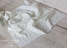 Load image into Gallery viewer, Large vintage lace layer, cover, blanket 60cm x 50cm. Ecru White. Basket Layering Piece, Newborn, Sitter. Ready to send