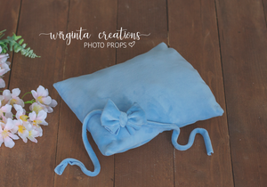 Posing pillow and matching bow tieback for a newborn. Boho. Velvet. Light blue. Baby Photo Props. Ready to send