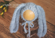 Load image into Gallery viewer, Alpaca wool bunny bonnet for sitter. 9-18 months old. Knitted. Grey-Blue. Long ears. Easter. Ready to send
