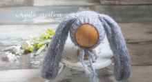 Load image into Gallery viewer, Alpaca wool bunny bonnet for sitter. 9-18 months old. Knitted. Grey-Blue. Long ears. Easter. Ready to send