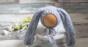 Alpaca wool bunny bonnet for sitter. 9-18 months old. Knitted. Grey-Blue. Long ears. Easter. Ready to send