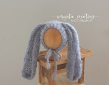 Load image into Gallery viewer, Alpaca wool bunny bonnet for sitter. 9-18 months old. Knitted. Grey-Blue. Long ears. Easter. Ready to send
