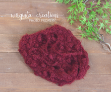 Load image into Gallery viewer, Knitted snuggle sack/cocoon and matching bonnet for newborn. Burgundy. Bubbly knit style. Photography prop. Ready to send