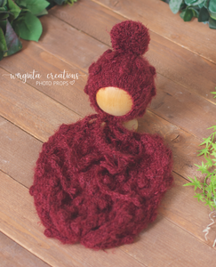 Knitted snuggle sack/cocoon and matching bonnet for newborn. Burgundy. Bubbly knit style. Photography prop. Ready to send