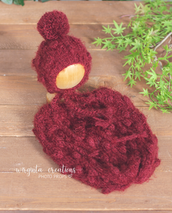 Knitted snuggle sack/cocoon and matching bonnet for newborn. Burgundy. Bubbly knit style. Photography prop. Ready to send