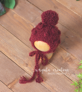 Knitted snuggle sack/cocoon and matching bonnet for newborn. Burgundy. Bubbly knit style. Photography prop. Ready to send