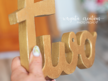 Load image into Gallery viewer, Curved Wooden Letters Two, Three or Four | Golden Colour | Free-Standing Word | Unique Photography Prop | Room Decor | Birthday Decoration