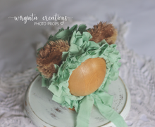 Load image into Gallery viewer, Tattered style teddy bear bonnet for 12-24 months old. Light green. Ready to send photo props