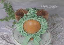 Load image into Gallery viewer, Tattered style teddy bear bonnet for 12-24 months old. Light green. Ready to send photo props