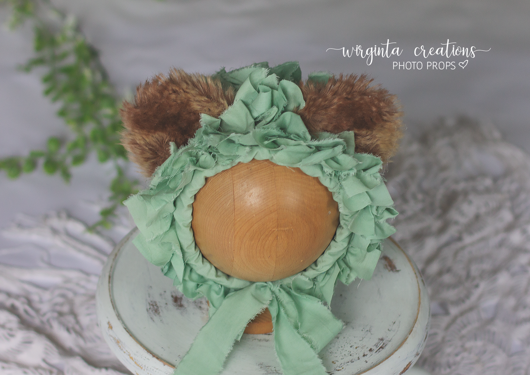 Tattered style teddy bear bonnet for 12-24 months old. Light green. Ready to send photo props