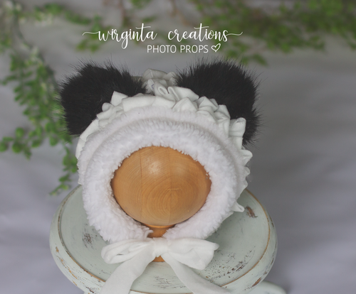 Tattered style panda bonnet for 12-24 months old. White and black. Sitter. Ready to send photo props