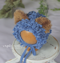 Load image into Gallery viewer, Tattered style teddy bear bonnet for 12-24 months old. Blue. Ready to send photo props