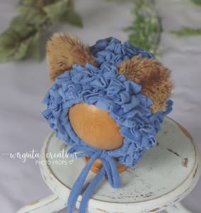 Tattered style teddy bear bonnet for 12-24 months old. Blue. Ready to send photo props