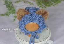 Load image into Gallery viewer, Tattered style teddy bear bonnet for 12-24 months old. Blue. Ready to send photo props