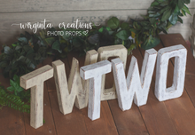 Load image into Gallery viewer, Handmade wooden letters TWO. Free-standing. Distressed cream, Distressed white. Cake Smash. Photography. Home décor. Ready to send