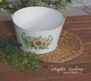 Metal Washtub, bowl, Newborn, sitter tub, Vintage style props, Oval Tin, Sunflower Bucket, White, Ready to send photography prop
