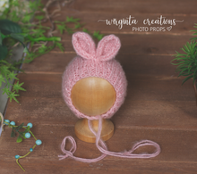 Load image into Gallery viewer, Knitted bunny bonnets for newborn. Handmade. Colours available:  Grey,  Pink,  Yellow,  Blue. Ready to send photography props