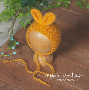 Knitted bunny bonnets for newborn. Handmade. Colours available:  Grey,  Pink,  Yellow,  Blue. Ready to send photography props