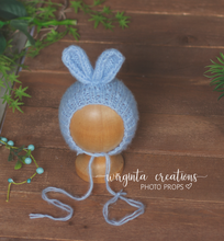 Load image into Gallery viewer, Knitted bunny bonnets for newborn. Handmade. Colours available:  Grey,  Pink,  Yellow,  Blue. Ready to send photography props