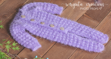Load image into Gallery viewer, Footed romper and matching bunny hat for Newborn, lilac, periwinkle. Fuzzy yarn. Ready to send