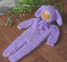 Load image into Gallery viewer, Footed romper and matching bunny hat for Newborn, lilac, periwinkle. Fuzzy yarn. Ready to send