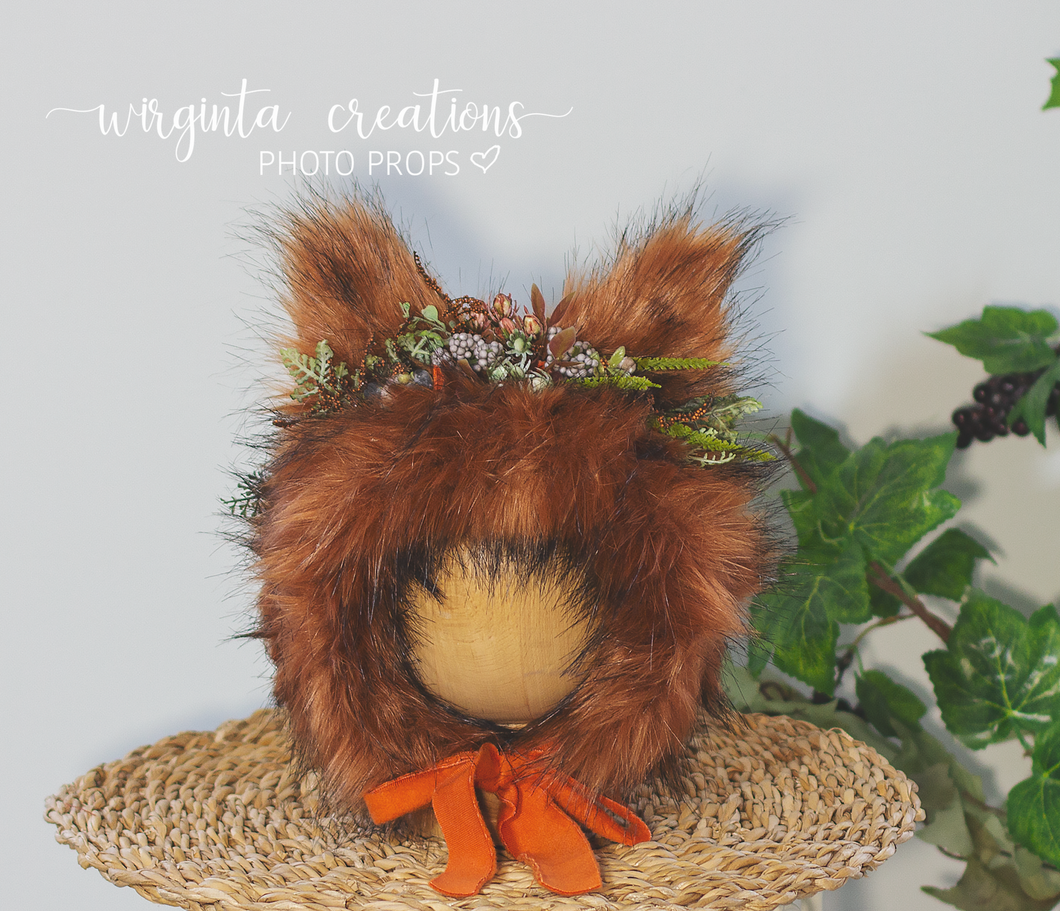 Tattered/Ruffle style baby fox bonnet for 6-12 months old. Burnt orange. Decorated with faux fur and artificial flowers. Ready to send photo props
