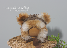 Load image into Gallery viewer, Tattered style teddy bear bonnet for 6-12 months old. Brown. Ready to send photo props